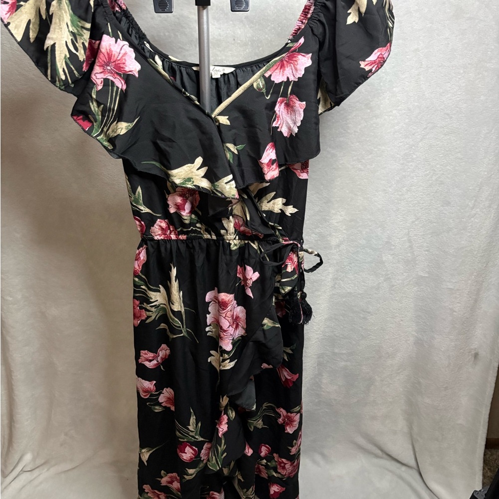 Indulge Asymmetrical Black Dress with Pink Floral Design